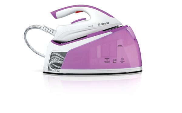 Statie de calcat Bosch Serie 2 TDS2110, 2400 W, Palladium-Glissée, 4,3 bar, i-Temp Advanced, super-jet abur 180 g/min, 1,5 l, Calc'nClean Easy, Eco, alb/roz