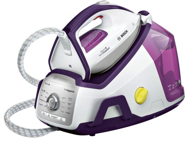 Statie de calcat Bosch ProHygienic TDS8040, 2400 W, Ceranium Glissée Pro, 7 bar, HygienicSteam, i-Temp, 120 g/ min, 3 jeturi de abur max 500 g, 1,8 lt, Calc'c clean Perfect (timer si sistem colector), culori: alb / /mov / argintiu