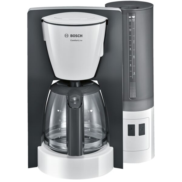 Cafetiera Bosch ComfortLine TKA6A041, 1200 W, 1.25 l (10) cesti, cana de sticlă, Aroma+, EasyDescale3, Alb/Antracit