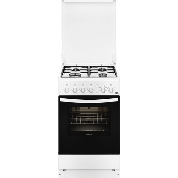 Aragaz Zanussi ZCG512G1WA, 50x60 cm; 4 arzatoare gaz; 53 litri; Timer, Aprindere electrica, Grill, Rotisor, Alb