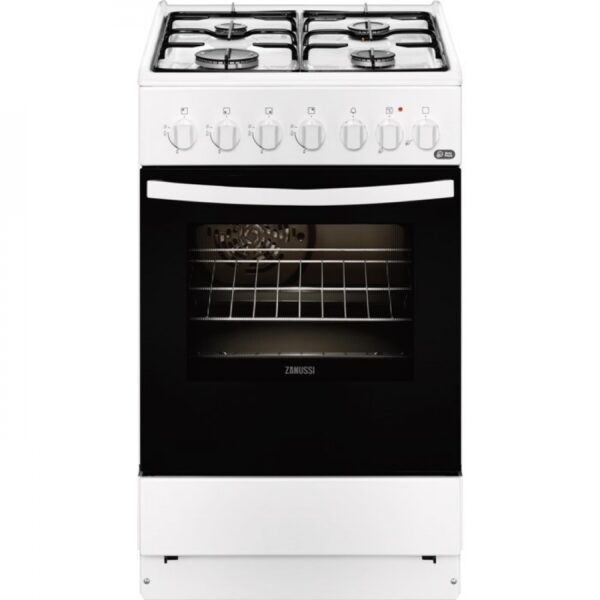 Aragaz Zanussi ZCK552G1WA, 50x60 cm; 4 arzatoare gaz; Cuptor electric multifunctional (5 functii); 53 litri, Timer, Aprindere electrica, Grill, Convectie, Alb