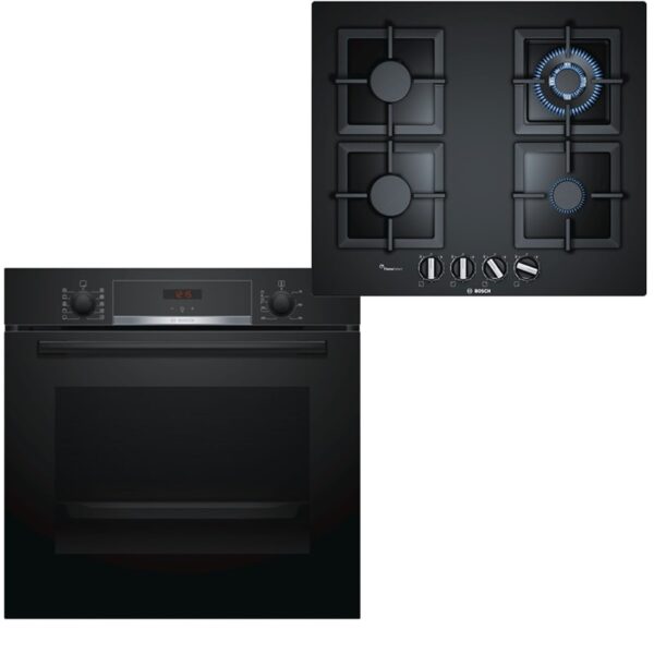 Cuptor Bosch HBA554EB0 + Plita Bosch PPH6A6B20, 11 Functii, Convecție aer 3D, 71 l, Clasa A, 4 arzatoare, Flame Select,Wok, gratare fonta, Negru